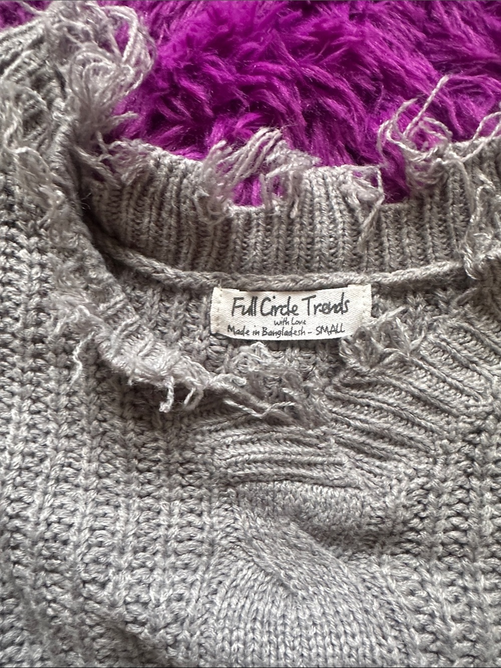 Off-the-Shoulder Distressed Cable Knit Sweater - Light Gray - Picture 2 of 4
